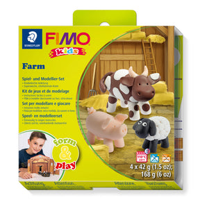 FIMO Kids Farm model kit in its original yellow-green packaging, featuring cow, pig, and sheep modeling sets.