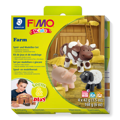 FIMO Kids Farm model kit in its original yellow-green packaging, featuring cow, pig, and sheep modeling sets.