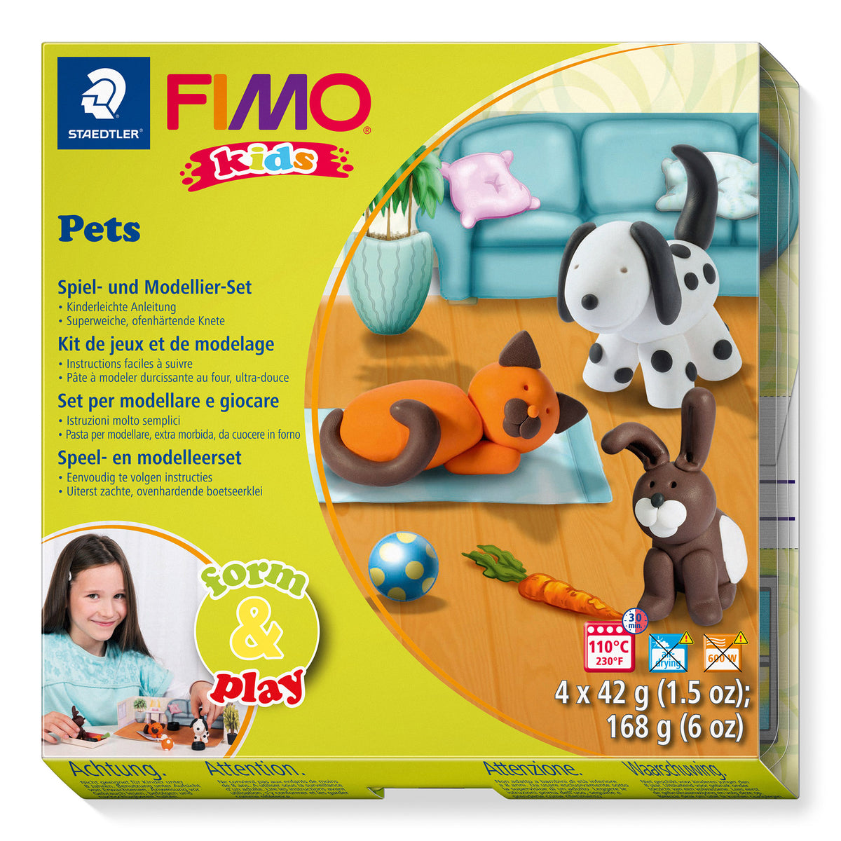 Fimo Kids Pets toy building set in its original retail packaging, featuring a bright lime green box with illustrations of clay pets and a child modeling the product.