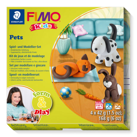 Fimo Kids Pets toy building set in its original retail packaging, featuring a bright lime green box with illustrations of clay pets and a child modeling the product.