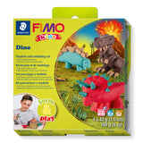 FIMO Kids Dino playtime and modelling set in its original lime green packaging, featuring toy clay dinosaurs and an illustration of a prehistoric scene.