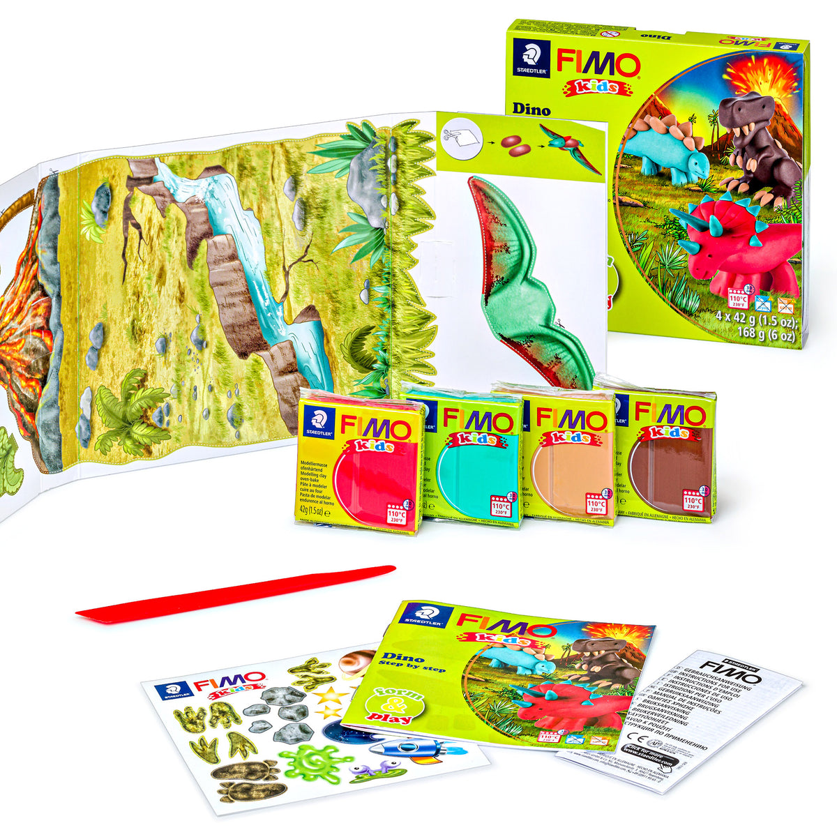 FIMO kids dinosaur craft kit with multiple colourful components including a dinosaur painting page, clay packs, stickers, and instruction sheets on a white background.