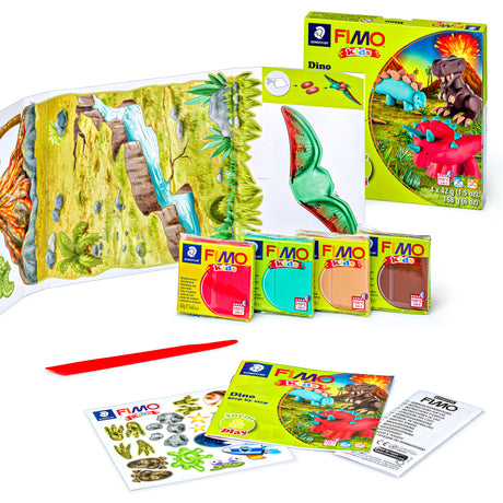 FIMO kids dinosaur craft kit with multiple colourful components including a dinosaur painting page, clay packs, stickers, and instruction sheets on a white background.