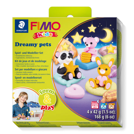 FIMO Kids Dreamy pets toy set in its original retail packaging, featuring a bright lime green and yellow box with illustrations of a panda, bear, and rabbit, and a small photo of a child.