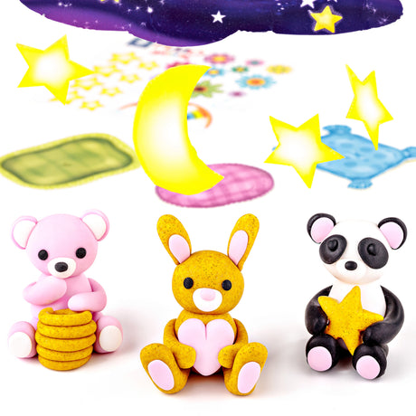 Three colorful clay figures of a bear, rabbit, and panda with stars and moon in the background.