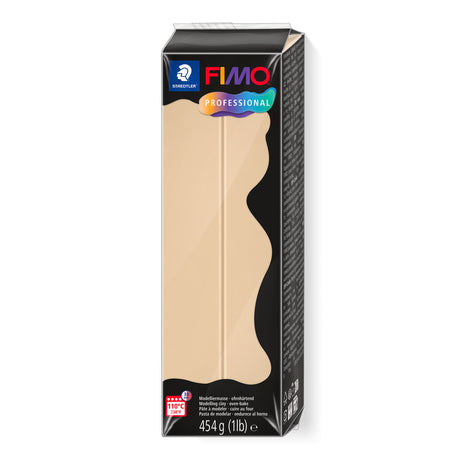 A package of FIMO Professional clay in the shade 'Beige' (454g / 1lb). The box features a large beige color swatch on a black background with the FIMO logo at the top.