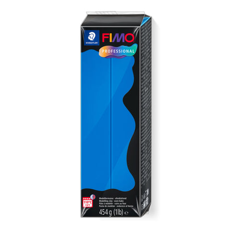 A 454g pack of Fimo Professional modeling clay in a vibrant blue color, shown in its original retail cardboard box against a plain white background.