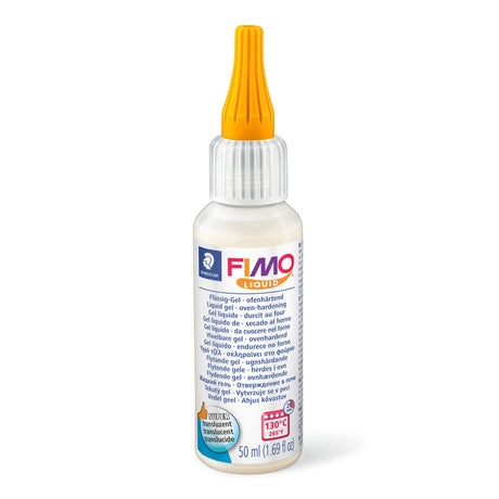 A 50 ml bottle of FIMO Liquid Clay Gel, featuring a white plastic bottle, a translucent white cap, and a bright orange applicator tip. The label is white with blue, orange, and red branding, set against a plain white background.