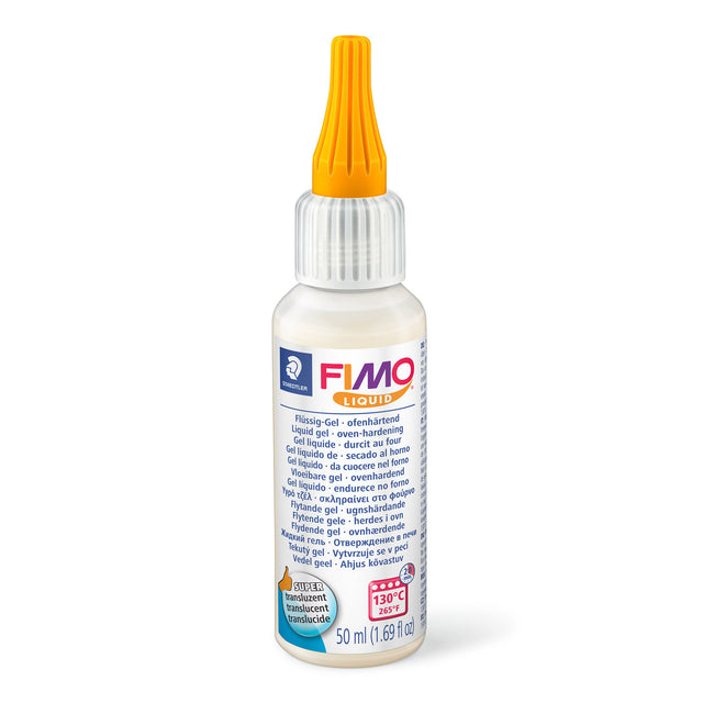 A 50 ml bottle of FIMO Liquid Clay Gel, featuring a white plastic bottle, a translucent white cap, and a bright orange applicator tip. The label is white with blue, orange, and red branding, set against a plain white background.