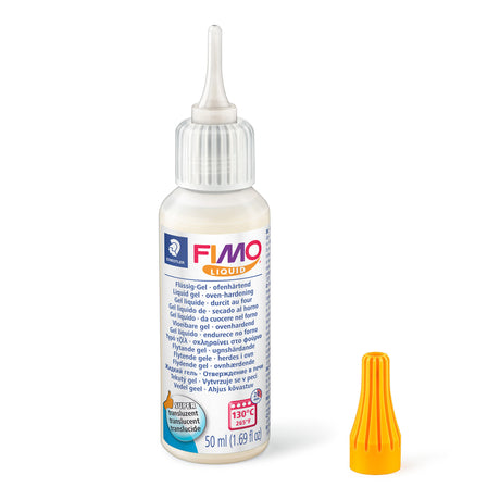 A 50 ml bottle of FIMO Liquid Clay adhesive gel with its orange cap removed and standing next to it on a white background.
