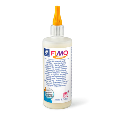 A 200 ml bottle of FIMO Liquid Clay Binder with an orange cap and white label, shown on a clean white background.