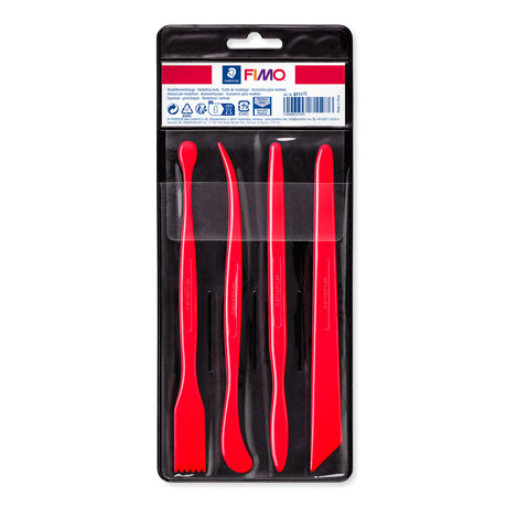FMO clay sculpting tools set in red, packaged in a black blister pack with a white and red header card.