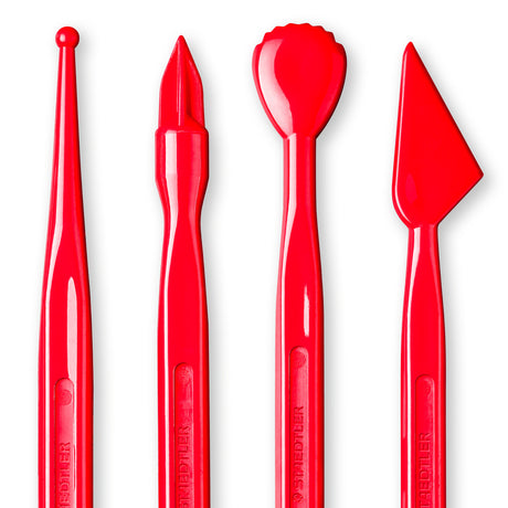 Four bright red plastic sculpting tools arranged vertically on a clean white background, including a round hook, a pointed spatula, a rounded sculpting spoon, and a triangular scraper.