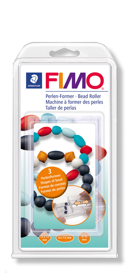 FIMO bead roller packaging with colorful beads on a white background