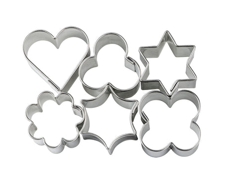 Set of metal cookie cutters in various shapes on a white background