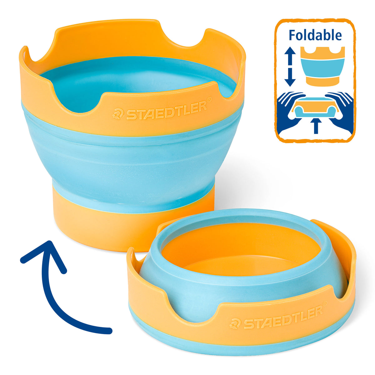 A Staedtler foldable paint bowl bowl shown in two pieces, one unfolded and one folded, on a white background with a blue arrow and a small foldability icon.