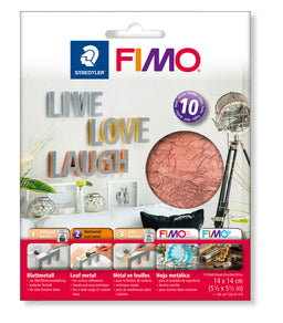 FIMO Stredtler 10-piece metallic leaf metal in copper, shown in its retail packaging with instructions and product examples.