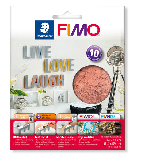 FIMO Stredtler 10-piece metallic leaf metal in copper, shown in its retail packaging with instructions and product examples.