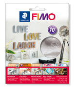 FIMO Stredtler 10-piece metallic leaf metal in silver, shown in its retail packaging with instructions and product examples.
