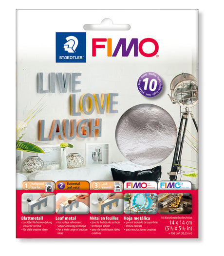 FIMO Stredtler 10-piece metallic leaf metal in silver, shown in its retail packaging with instructions and product examples.