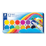 A 12-piece Staedtler Noris watercolor paint set in its original retail packaging, featuring a variety of vibrant watercolor pans and a white paint tube on a clean white background.