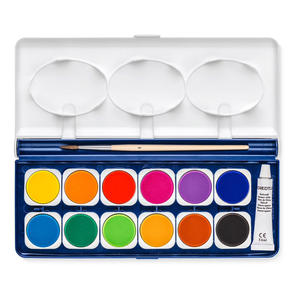 A 12-color watercolor paint palette in a dark blue plastic case with a white lid, shown open on a white background. The palette contains 12 round pans of paint in yellow, orange, red, pink, purple, blue, green, and black, along with a small tube of PredaTint watercolor tint and a paintbrush.