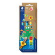 Staedter Noris Junior 2-in-1 paint and play set in its original retail packaging, featuring a brown cardboard box with colorful illustrations of a green frog, blue paint tubes, and paintbrushes.