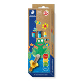 Staedter Noris Junior 2-in-1 paint and play set in its original retail packaging, featuring a brown cardboard box with colorful illustrations of a green frog, blue paint tubes, and paintbrushes.