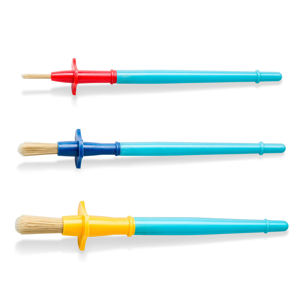 Three paintbrushes arranged horizontally on a white background, each with a different colored handle end (red, blue, yellow) and a turquoise plastic shaft.