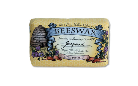 Beeswax bar with branding and product details on a yellow background