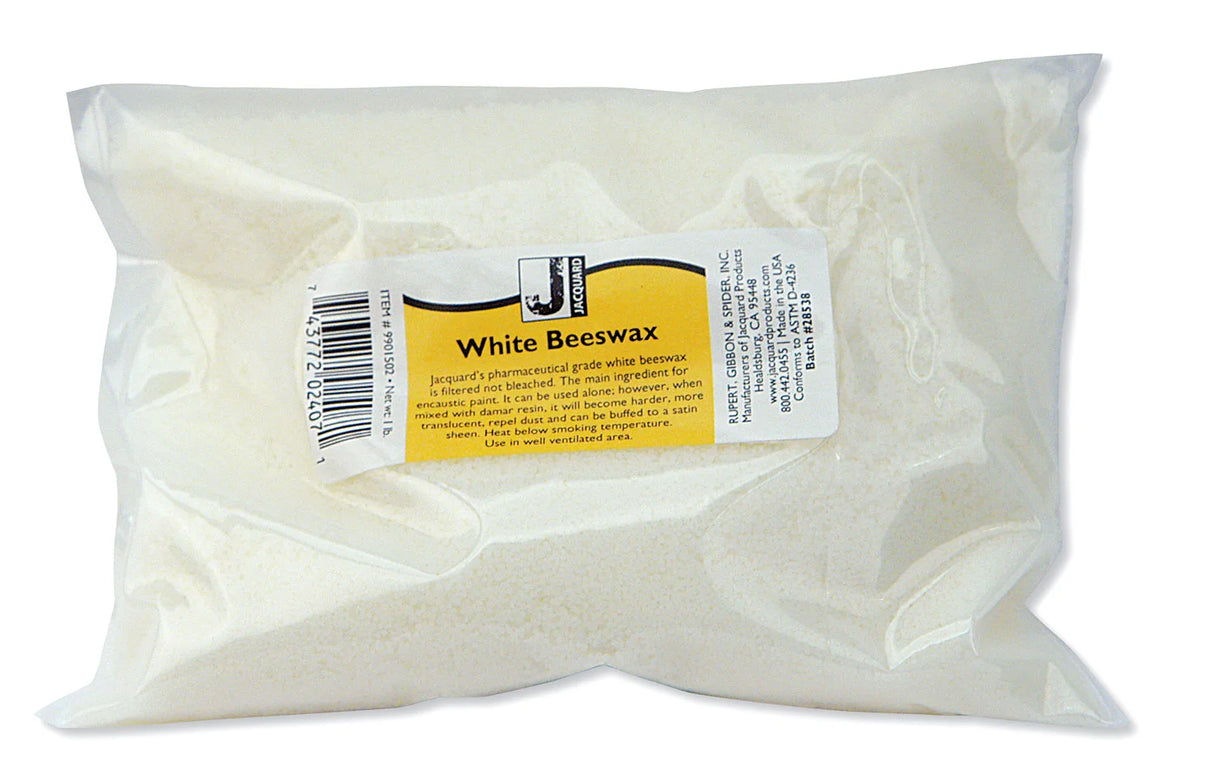 Bag of white beeswax with a label on a white background