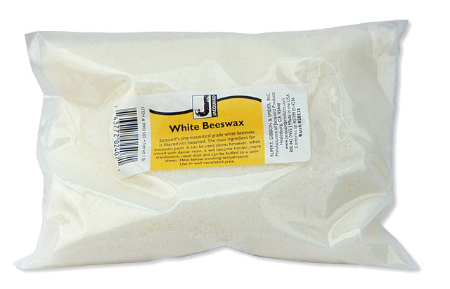 Bag of white beeswax with a label on a white background