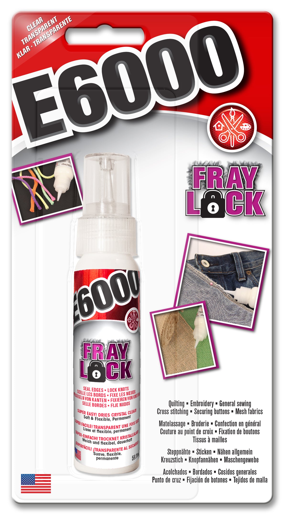 Packaging for E6000 Fray Lock Adhesive, showing the bottle of adhesive and examples of its use on fabric repairs and quilting.