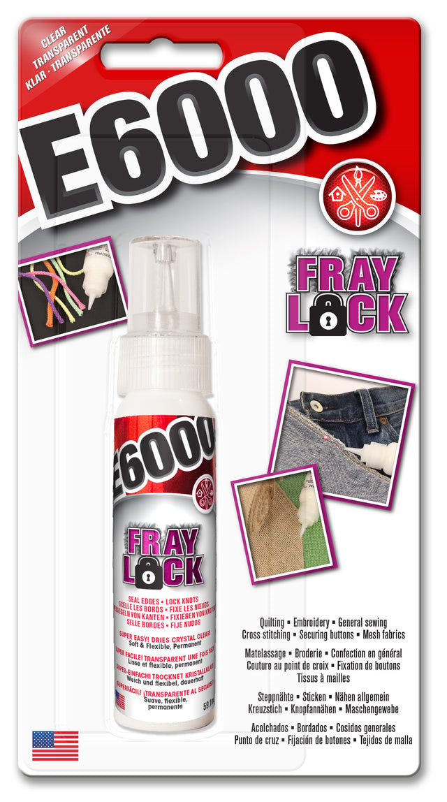 Packaging for E6000 Fray Lock Adhesive, showing the bottle of adhesive and examples of its use on fabric repairs and quilting.