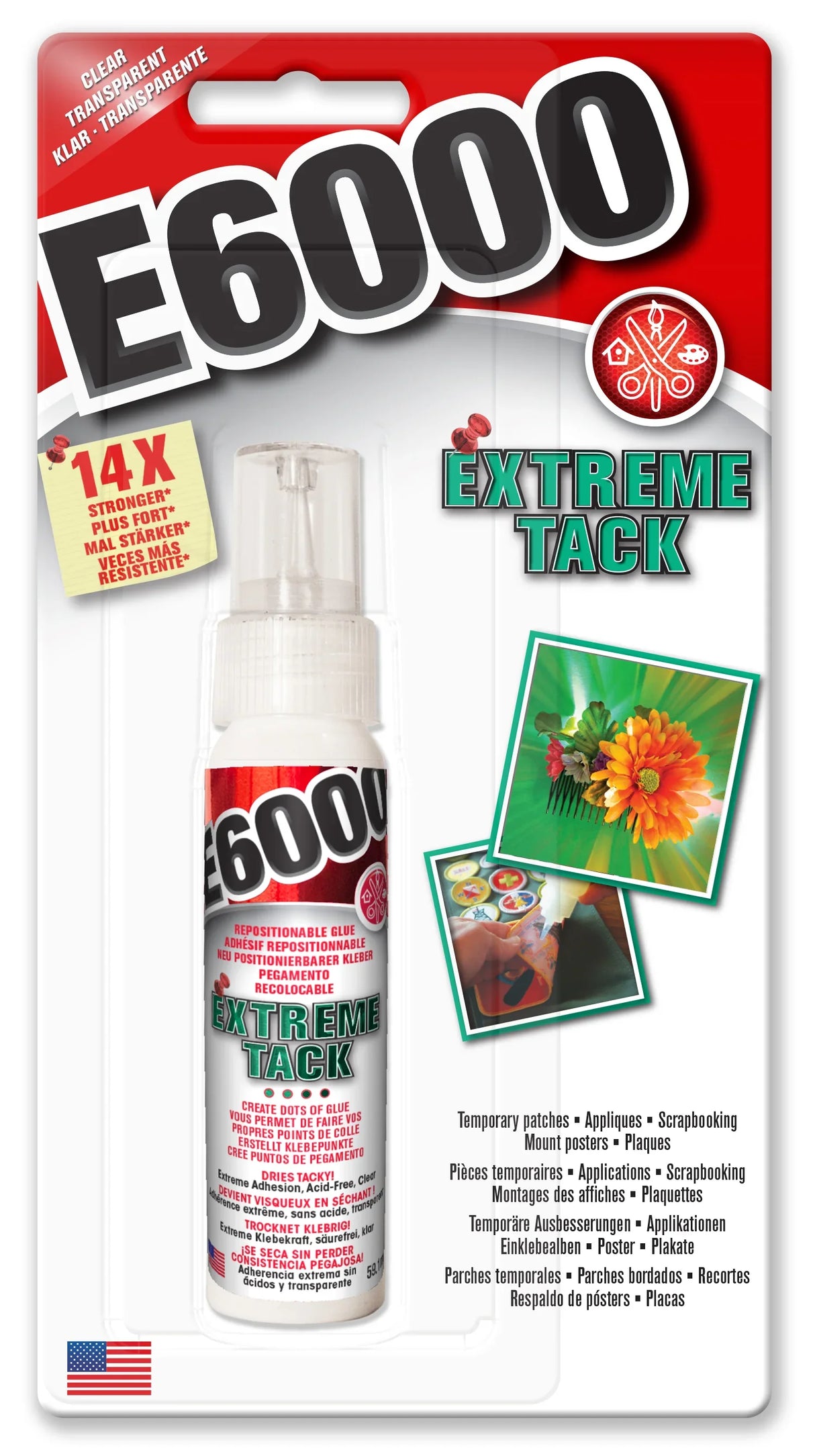 A bottle of E6000 Extreme Tack Craft Glue with a red and white label.