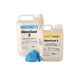 Containers of Glasscast 3 Epoxy Resin and Hardener and a set of blue gloves, intended for crafting and coating purposes.