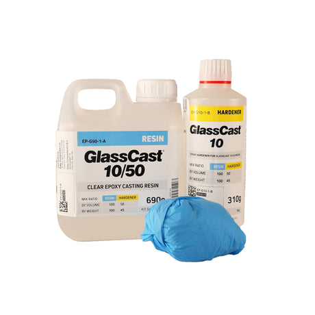 GlassCast epoxy resin and hardener bottles with a blue glove on a white background
