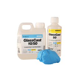 GlassCast epoxy resin and hardener bottles with a blue mixing bag on a white background