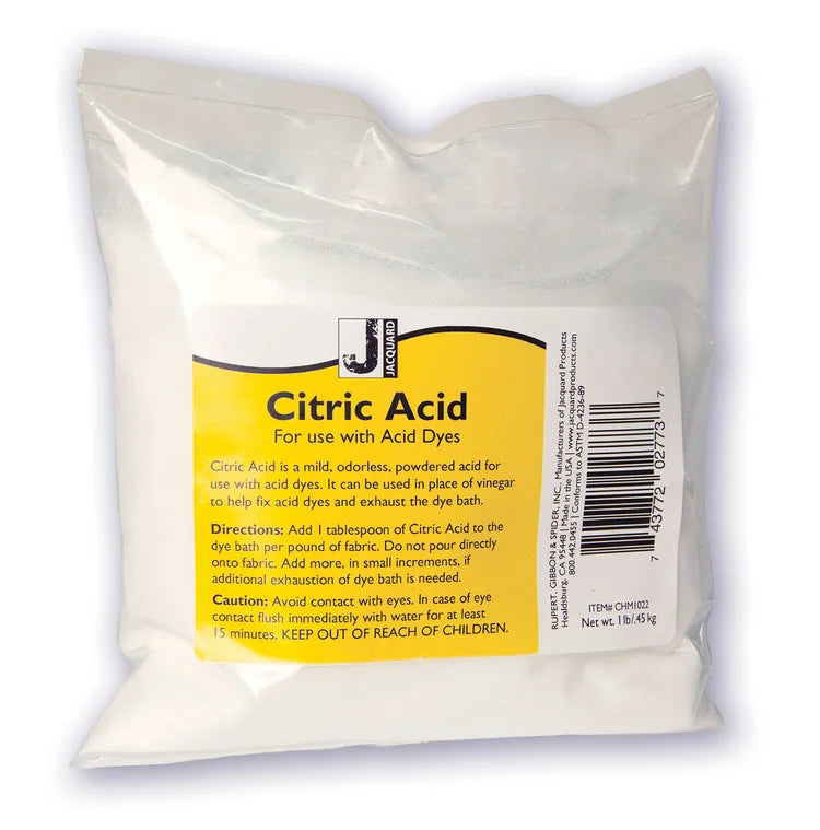 Packaging of citric acid for use with acid dyes on a white background