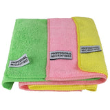 Three microfiber cloths in green, pink, and yellow with 'Professional Microfibre' labels on a white background.