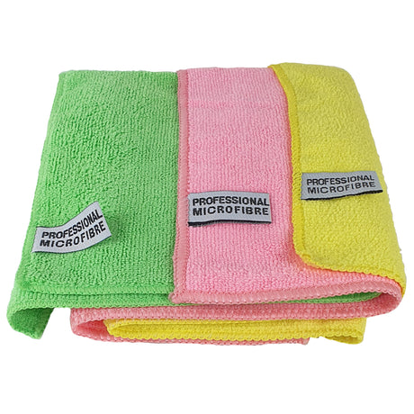 Three microfiber cloths in green, pink, and yellow with 'Professional Microfibre' labels on a white background.