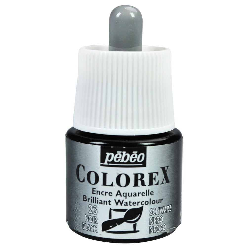 A bottle of Colorex watercolour ink with a dropper cap, labeled for brilliant black