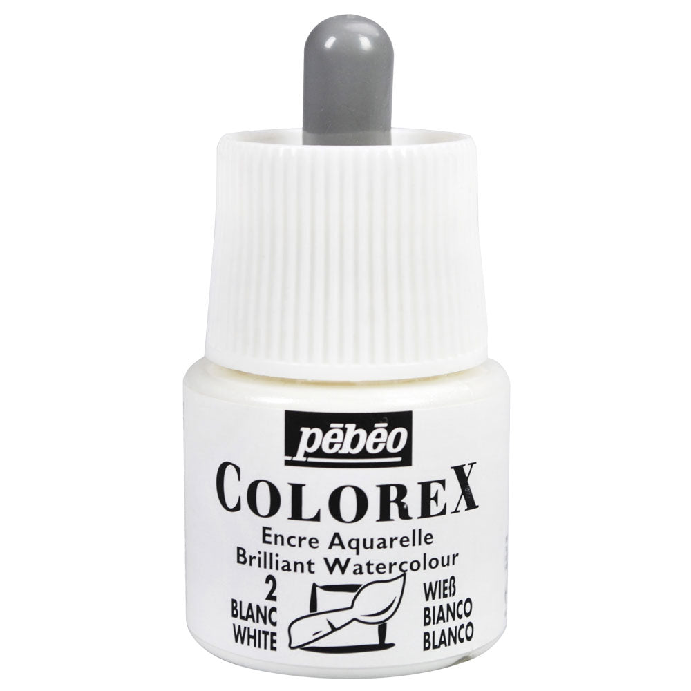 A bottle of White Colorex watercolour ink with a dropper cap, labeled for brilliant watercolour techniques.