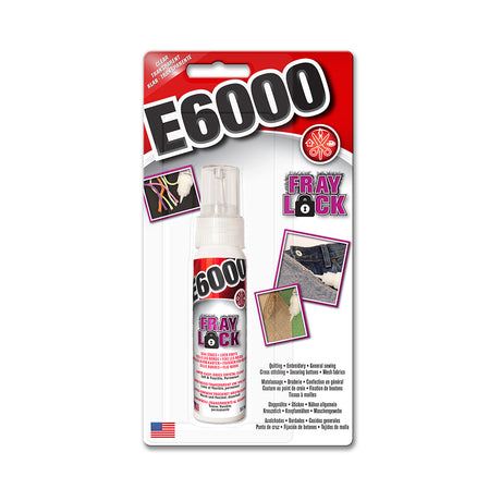 A bottle of E6000 Fray Lock in packaging on a white background