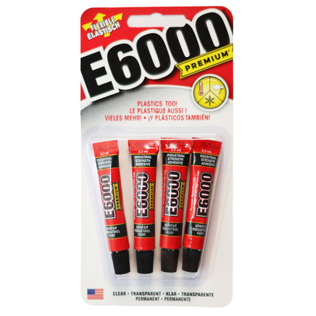 Pack of E6000 premium glue with red and black packaging on a white background