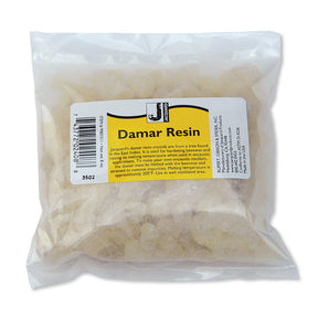 Packaged Damar Resin with a label on a white background