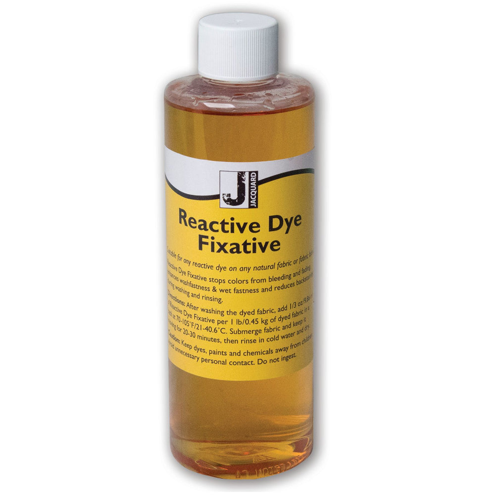 A bottle of Jacquard Reactive Dye Fixative Liquid, with a white cap and a label that includes the product name and a barcode.