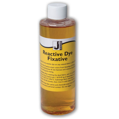 A bottle of Jacquard Reactive Dye Fixative Liquid, with a white cap and a label that includes the product name and a barcode.