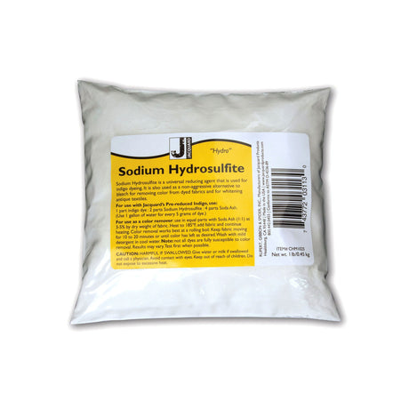 White package of sodium hydrosulfite with a label on a white background