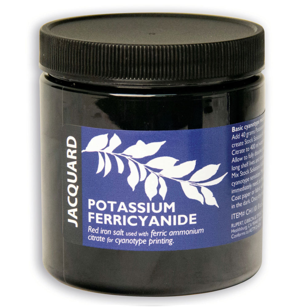 Jar of Potassium Ferricyanide with a blue label on a white background